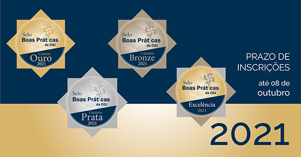 Em um fundo azul marinho e dourado estão os desenhos dos 4 selos de boas práticas que serão dados, sendo eles Ouru, Prata, Bronze e de Excelência 2021