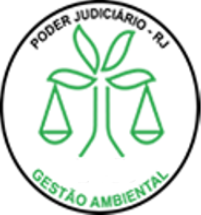 Logo da Gestão Ambiental do Poder Judiciário do Rio de Janeiro. Uma árvore verde com uma balança de cada lado. 