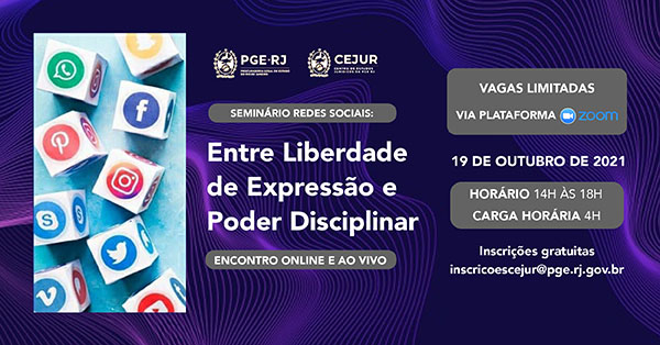 banner do seminário com um fundo roxo e os logos das redes sociais por cima com o título Entre Liberdade  de Expressão e Poder Disciplinar